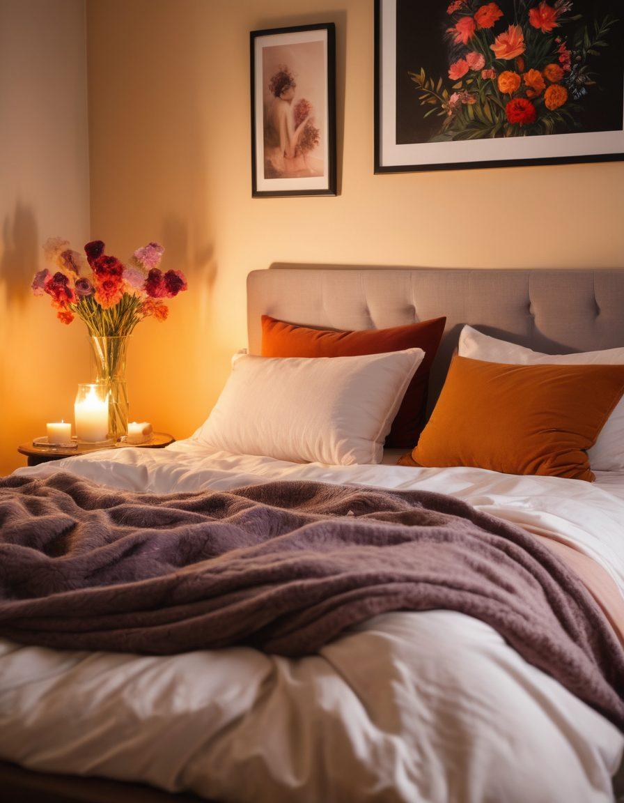 A warm, inviting bedroom scene featuring two diverse adults engaging in consensual intimacy, surrounded by soft lighting, fluffy pillows, and tasteful artwork. Include elements of sensual exploration, like playful toys, an open book about sex positivity, and flowers symbolizing growth. The atmosphere should convey comfort, trust, and open-mindedness. soft focus. vibrant colors. warm tones.
