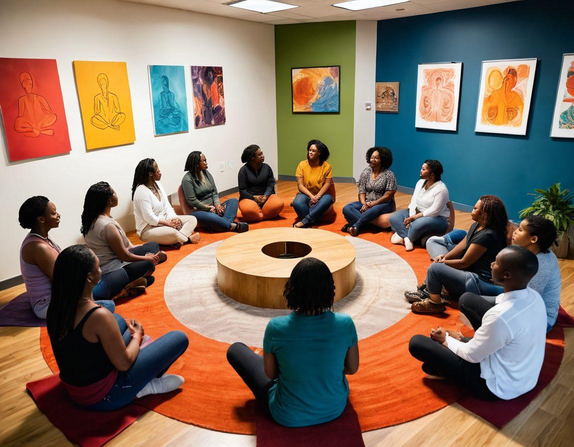 A thoughtful educational setting featuring an open discussion about intimacy, with diverse individuals seated in a circle, engaging and learning. In the background, various artistic representations of healthy relationships and sexual health concepts, such as communication, consent, and exploration, are depicted. The atmosphere is warm and inviting, symbolizing comfort and openness in a safe space. Super-realistic. Vibrant colors. Soft lighting.